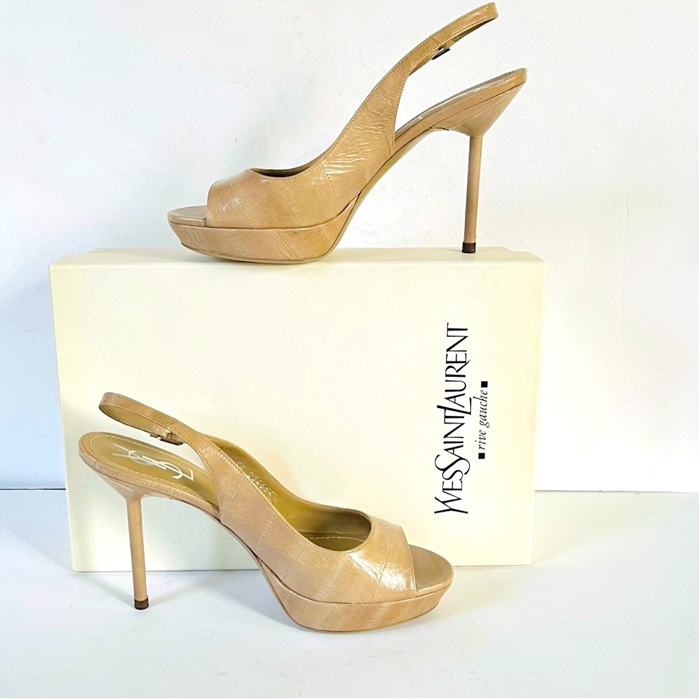 YSL taupe beige eel skin sandals heels 38